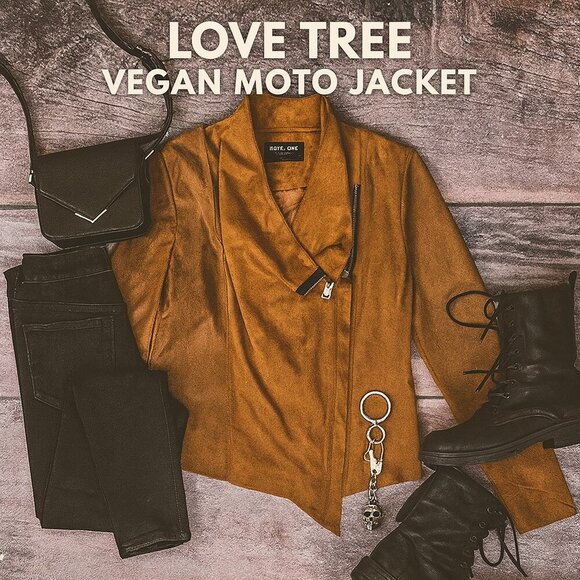 Love Tree Caramel Brown Vegan Faux Leather Moto Jacket • Size S • Rocker Biker - Picture 1 of 13